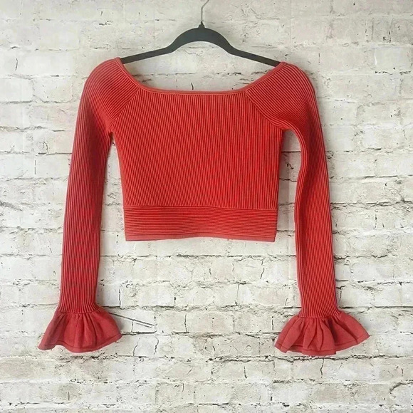 GIANNI BINI Women's XS Cropped Madelyn Ribbed Sweater Off the Shoulder Rust Fall - Picture 2 of 9